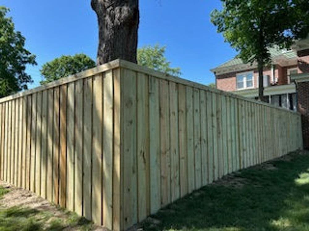 New wooden privacy fence around a yard with a tree and residential house in the background.