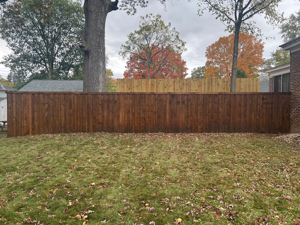 Brown wooden fence in a backyard with autumn foliage and a cloudy sky.