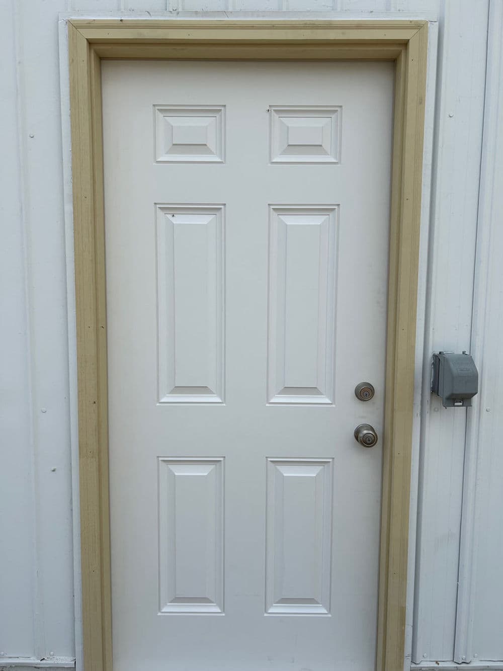 White exterior door with panel design and silver handle framed in wood. Wall is light-colored.