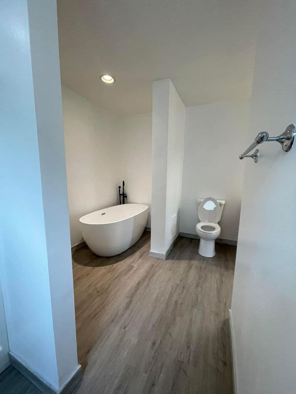 Modern bathroom featuring a freestanding tub and separate toilet, with light wood flooring.
